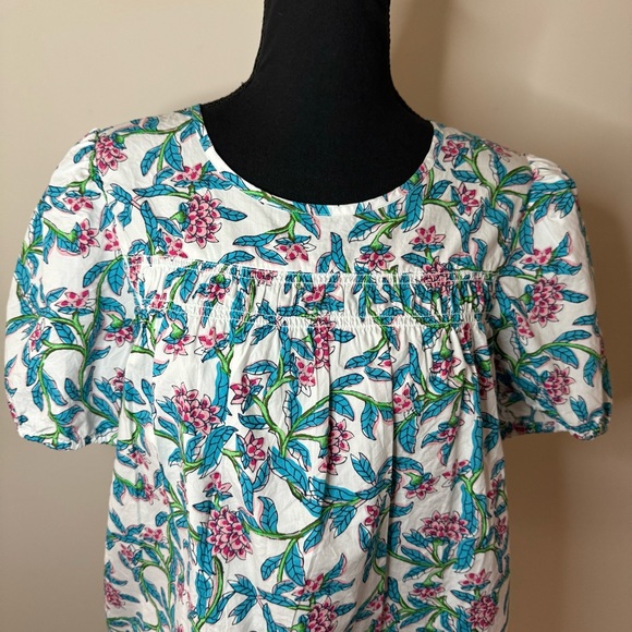 J. Crew Factory Blue White Pink Floral Smocked Top - Picture 4 of 11